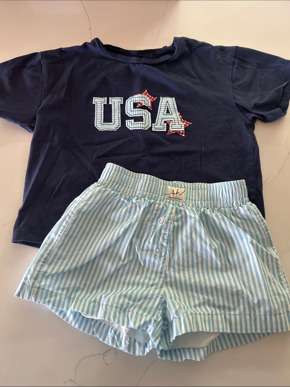 Sweet honey girls Navy USA Graphic Tee with Light Blue Striped Shorts